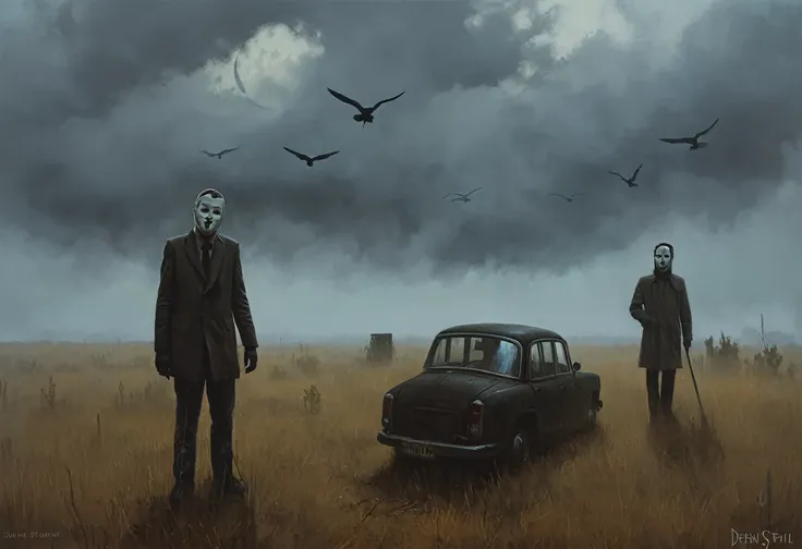 Two fictional killers wearing a white macabre masks, creepy art(ominous vibes), obscured by sinister woods, moody and atmospheric art, disturbing art, truly terrifying, cerebral horror, grim saga, darkly surreal art by simon Stålenhag, Denis sarazhin, omin...