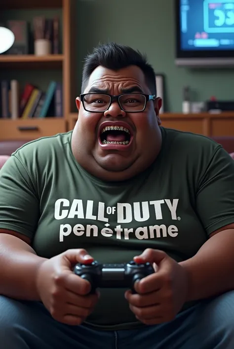 Create an image of a fat, dark-skinned, nerdy man with braces, a little annoyed, playing video games with a t-shirt that says "call of duty penétrame"