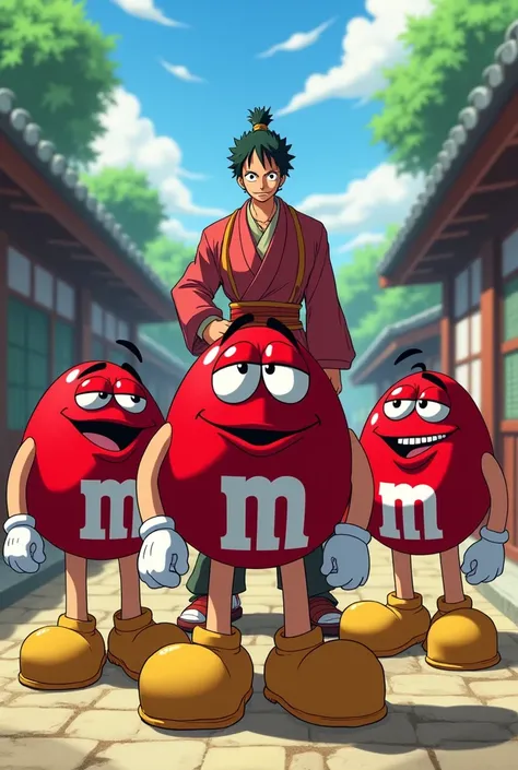 Anime: One Peice, Three Red M&M Men with big floppy potato shoes and red tie, and KOZUKI ODEN who is scared, Giant floppy potato shoes 