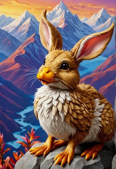 Wolpertinger made of duck + Hase + mouse + In bright colors , Background mountains, realistic representation, lovable, fluffy 