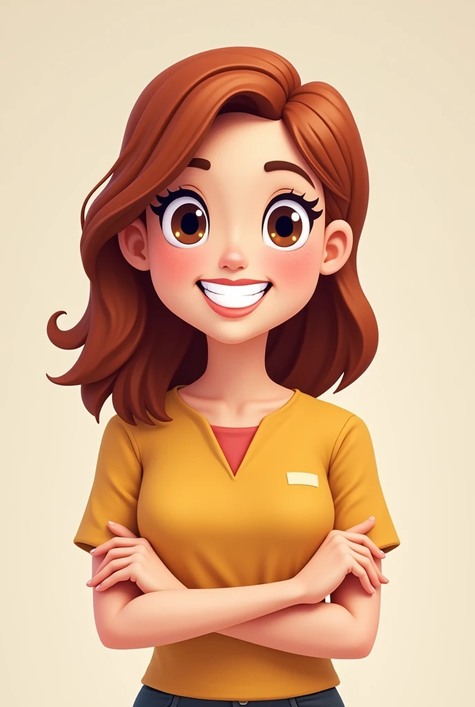 create a cheerful teacher avatar bitmoji style, White Teacher, shoulder length reddish brown wavy hair Dark eyes and very sweet and gentle