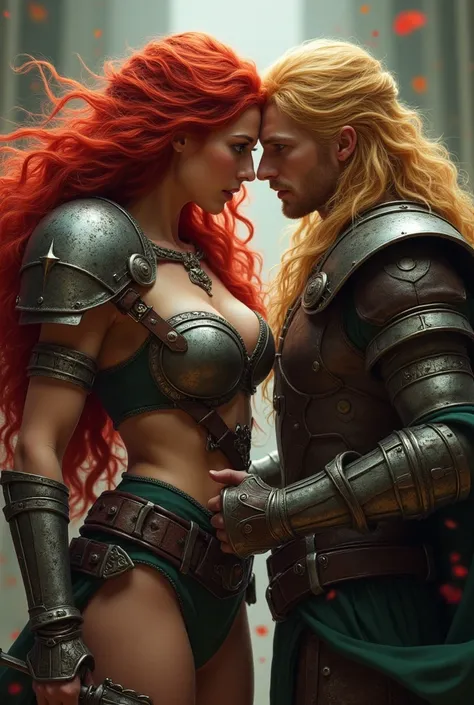 a beautiful female warrior with red hair and green eyes, in a love triangle with two male warriors, one with long red hair and the other blond the seduce her one man have sexy bad boy look