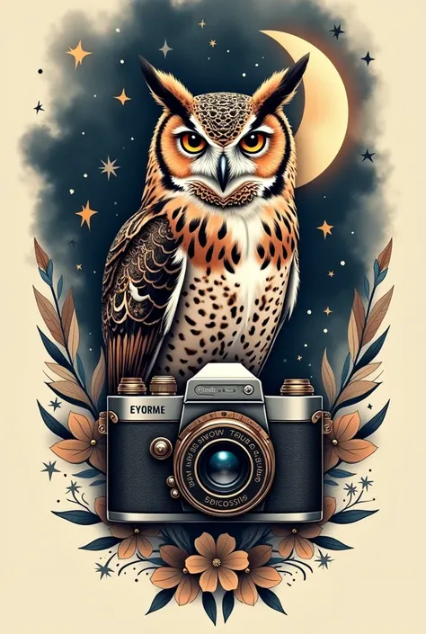  tattoo with an owl, a camera and the starry night in the background 