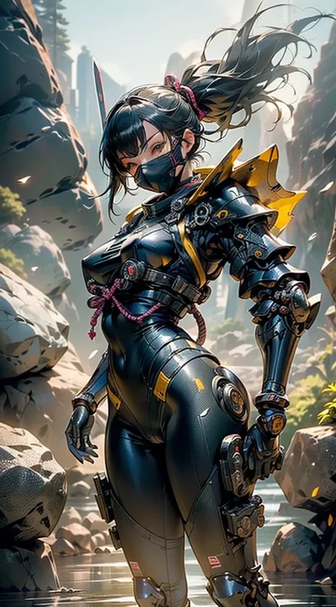 (masutepiece,Extremely detailed, Heavy mechs, hard surface),(concept art:1.1),(Armored Core Style:0.8), A woman wearing ninja robo armor is tying a seal,(full armor:1.4),(tactical ninja mask:1.5),(yellow body:1.1),(long legged:1.1),(Equipped with a sword o...