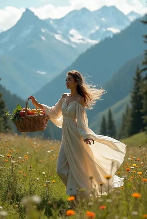 Photoshoot of a beautiful woman in a robe dancing in a beautiful meadow and carrying a fruit basket. Mountain view and hunting