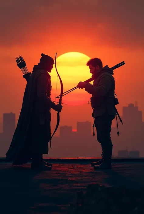 Description: Dark Arrow and Hunter face off on a rooftop at sunset. Both are on guard, ready for combat. Dark Arrow is aiming his bow at Hunter.