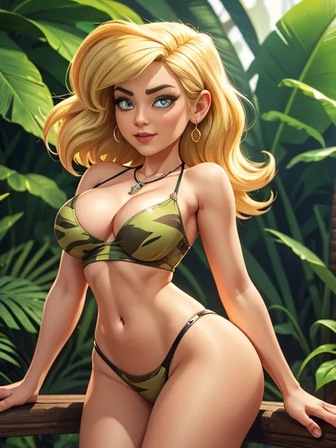  1girl, alone, Lori Loud, Digital art, Lori Loud, sexy,blonde hair, short hair, perfect eyes,bone necklace, Detailed clothes, masterpiece, symmetrical, excited face, big breasts, medium thigh medium waist, wide hips, Jungle, front View, Bokeh, 4K Masterpie...