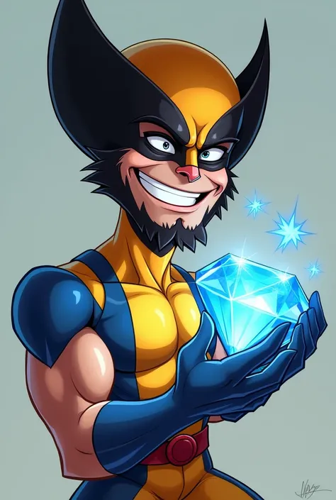 Cartoon wolverine smiling holding a blue diamond 