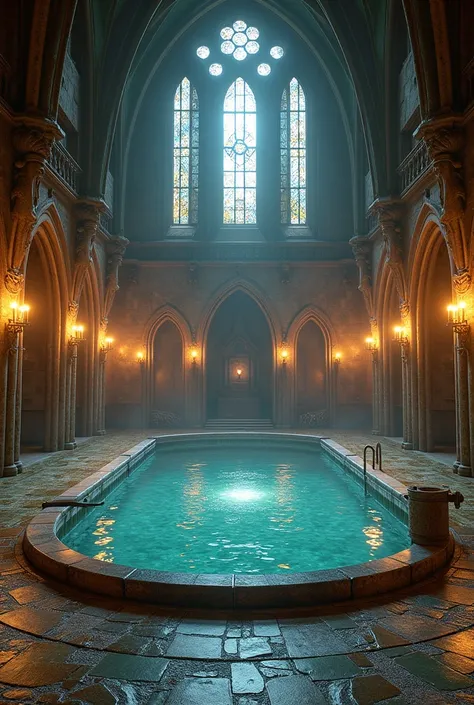 Large Harry Potter prefects bathroom with rock floor