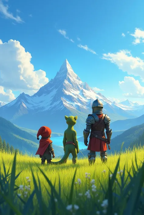 Make a big field full of grass, and next to the image a trio with a dwarf, a lizard man and a knight, looking at the blue sky and admiring the mountain range in the background.