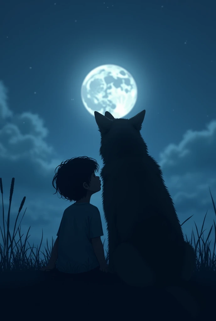 The silhouette of a child sitting leaning on a dog looking at the moon 