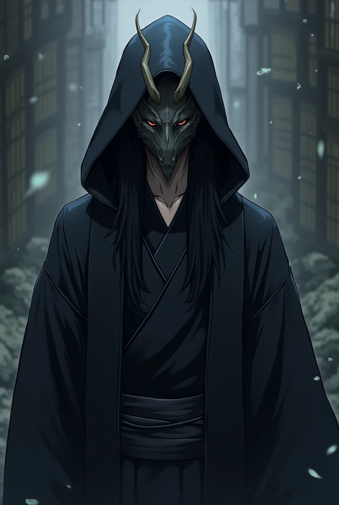 Create an anime style character wearing a black hooded kimono with long black hair and a gray demon mask covering the nose and mouth.