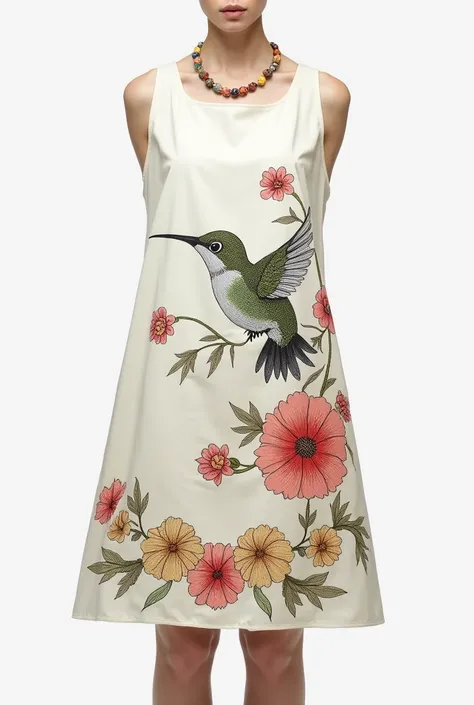 An image of a cloth dress with a drawing of a hummingbird and flowers at the bottom in a chain. The hummingbird must be large and the flowers must be large and carnations. The dress must be white and not too green. The dress is large, I got up and I want f...