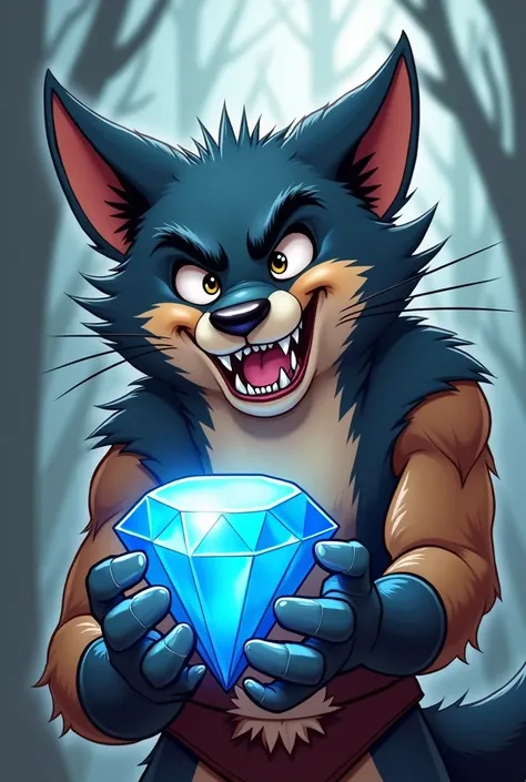 Cartoon wolverine as a wolf smiling holding a blue diamond 