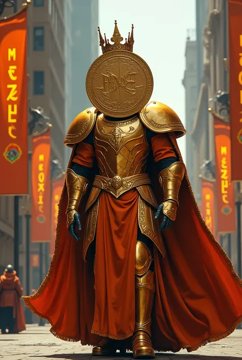 A king whose head is big and looks like a coin and has orange armor and a beautiful crown enters the city. At the entrance of this city there is a flag written MEXC and everywhere in this city there is this flag