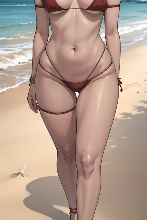 A tall woman, of Brown hair, with some glasses, with short hair, dark-skinned, with big breasts, Wide hips, big butts, boluctuous body, wearing a thin red bikini, with mesh malls, walking on the beach 