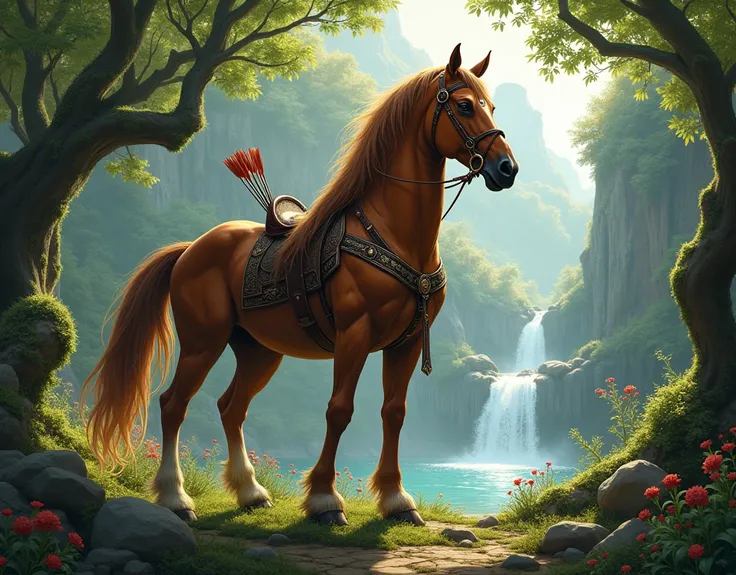 A majestic Centaur standing proudly in a lush, ancient forest. The Centaur has a (combination of the powerful, muscular body of a sleek, chestnut horse with a glossy coat, and the upper body of a warrior with well-defined muscles in one creature:1.4), ador...