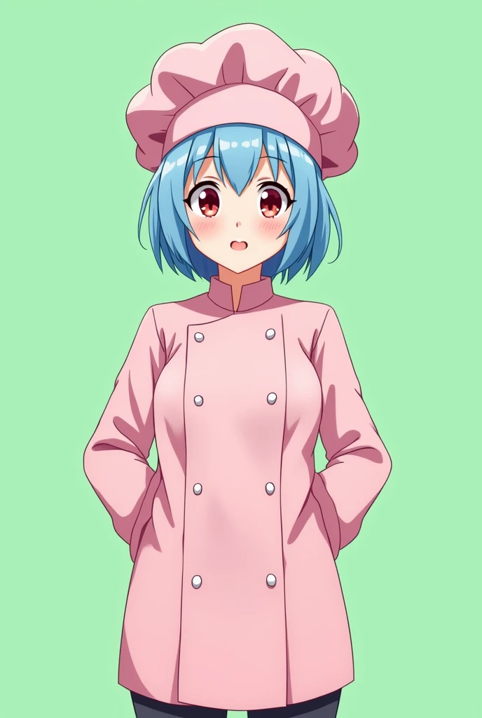 Female chef between 18 and 1, with a pink long-sleeved uniform and a chef&#39;s hat of the same color, 2D anime style with pastel colors, short blue hair, Red eyes ,with a happy expression, on a completely green and flat background