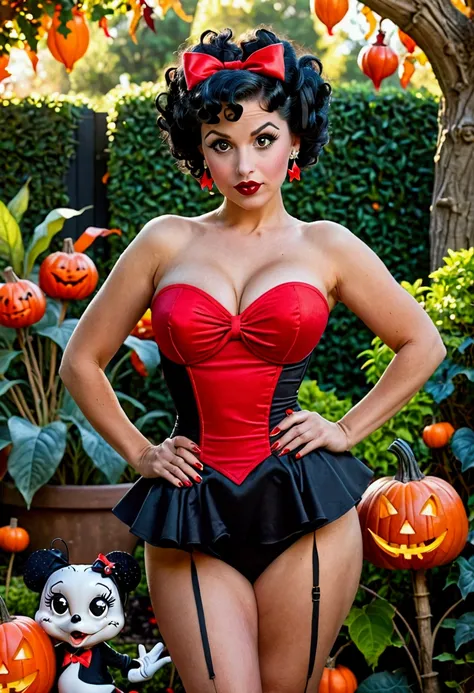 Araffe dressed in a red corset and a black skirt posing for a photo, Betty Boop, comic pin up style, pin up, pin up body, in a Hallowe&#39;en style, pin up, pin up style, the debt, pin up, pin up, red and black suit!!!, pin up girl, pin up model, inspired ...