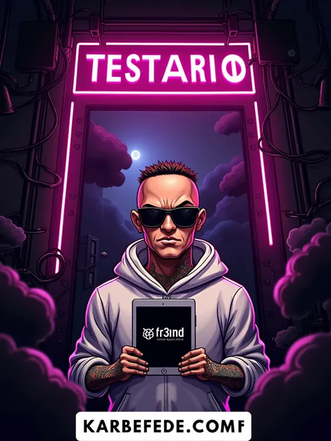 a man with short hair, grimacing in sunglasses, holding an iPad with a seaArt logo, standing in a darkroom with wires, fog, and neon lights, wearing a white hoodie with "fr13nd" inscription, detailed skin with tattoos, looking angry and aggressive, serious...