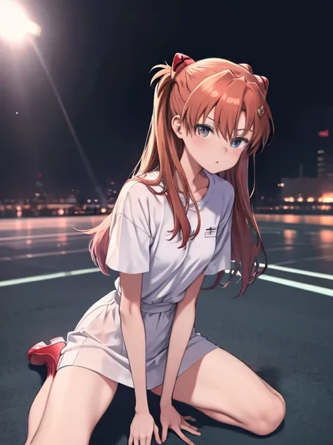 One girl, Soryu Asuka Langley, Neon Genesis EVANGELION,masterpiece,Ultra-high resolution,Kneel and lean your body backwards,The audience watching,White shirt,