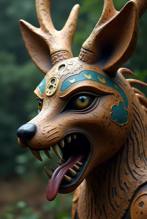 The Nagual Mask,  profile 3/4 with 3 eyes, coyote part on the right side, part jaguar on the left side and top part deer with open mouth showing blown tongue with big fangs
