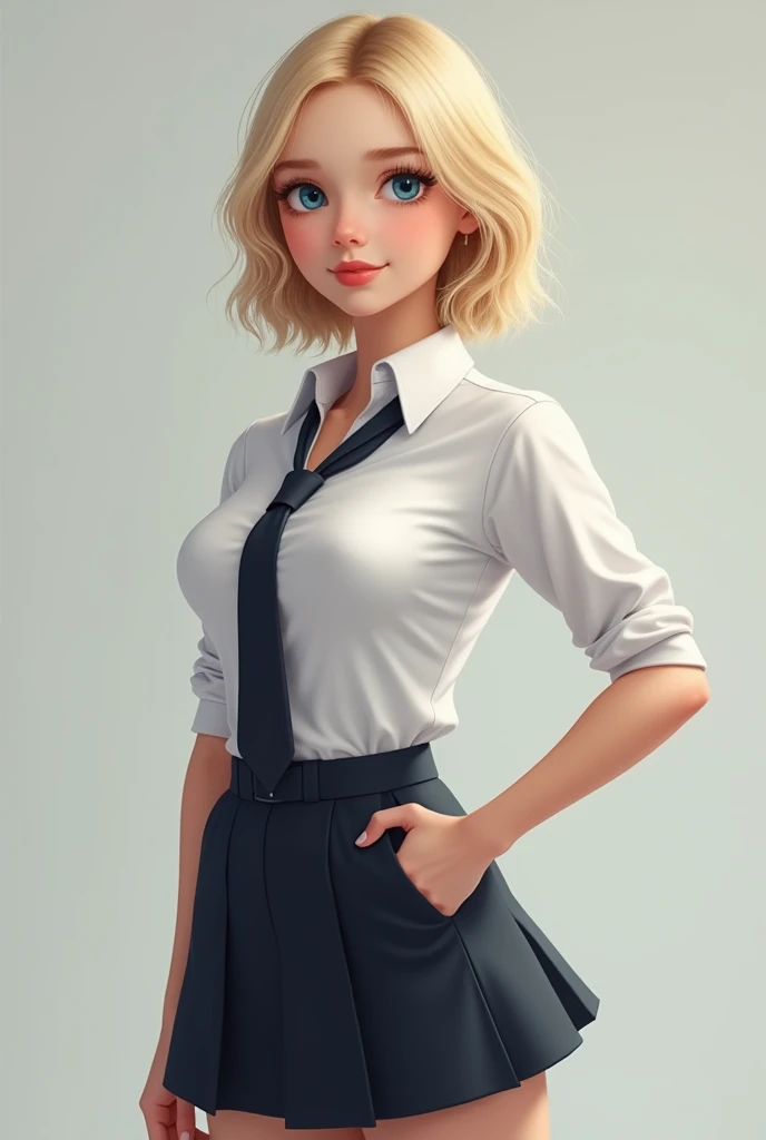 create a blonde woman, Blue-eyed, about 1,  full body with big breasts, smiling, with a school suit
