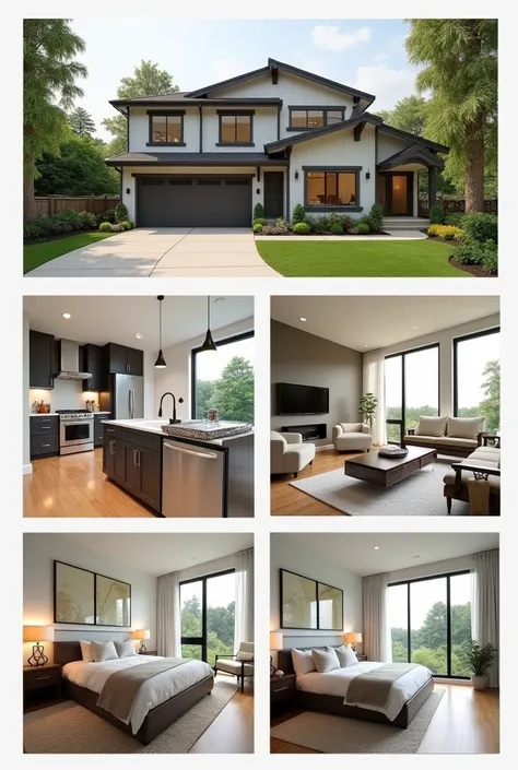 beautifully designed collage showing different aspects of a modern, modern home. The collage includes the following views: a two-story house exterior with a landscaped front yard, a bright and spacious living room with contemporary furniture, a sleek and m...