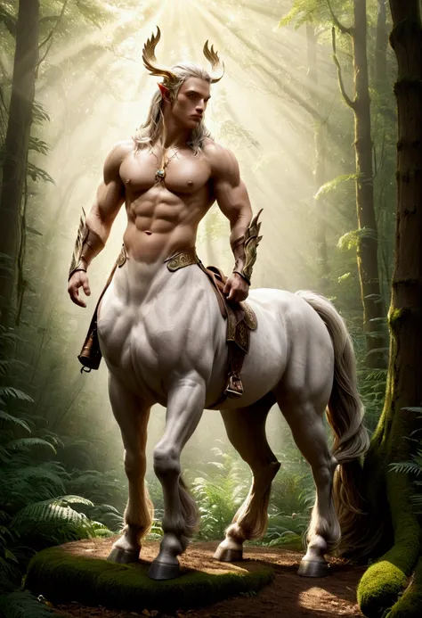 Centaur, a white centaur prins in a forest, sunshine rays, highly detailed centaur with muscular chest, gold belt, legs with hooves, white horsetail, fantasy creature:: Meticulously hyperdetailed fantasy photo with breathtaking intricate details, by WETA F...