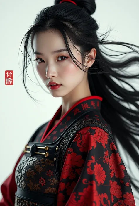 1 girl, Woman, bonitas, tenebrosa, Chinese Costume Armor, ((2.5D)), Bblack hair, floating hair, Delicate Eyes, antique black and red damask Hanfu, fov, (F1.8), (tabletop), (Portrait photo), frontal photo, white background, (cinema poster)