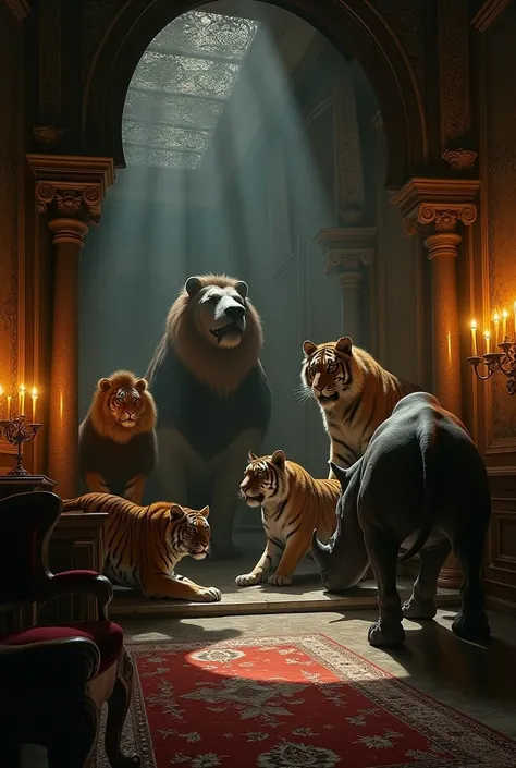 Baroque dimly lit room with candlelight filled with wild animals, tigre, Lion, leopard, rhino, Rembranth style