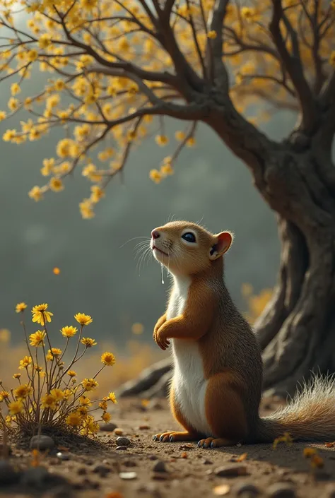 A male squirrel shedding many tears while looking at a withered lapacho tree 