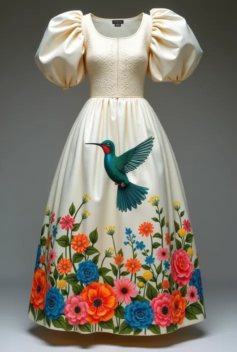 Help me create a large fabric dress with a raised pattern and a colorful hummingbird drawn in the center., and flowers around the bottom that are pretty and that you can see that they are made with paints for a . Let it be different fashion that the fabric...