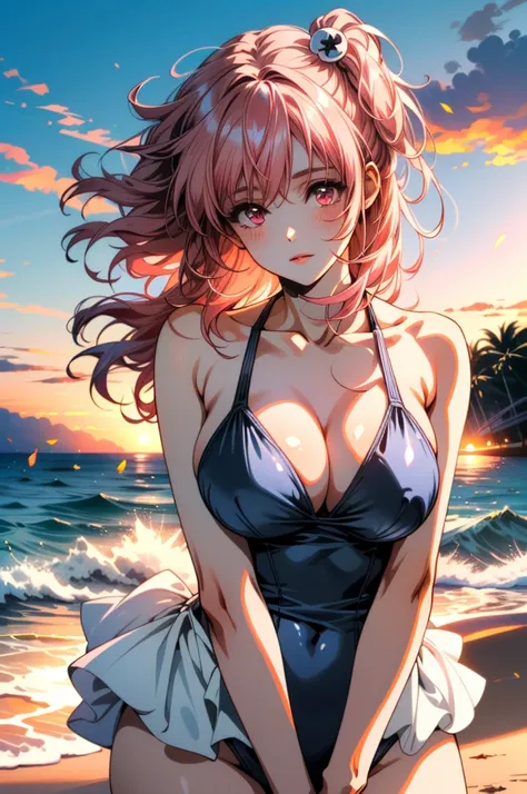 ((ultra detailed, masterpiece, best quality))
 DOAHonoka, 1girl, solo,  wearing sky blue color swimsuit, pink hair, , On a beach during a vibrant sunset,  playing with the waves,