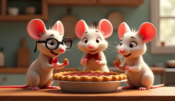 3d pixar animation illustration, full body shot of three mice, one is wearing thick pair of glasse, the other one is wearing a red bow tie, and the last one is not wearing any clothes, the mice are eating a peace of pie over kitchen top