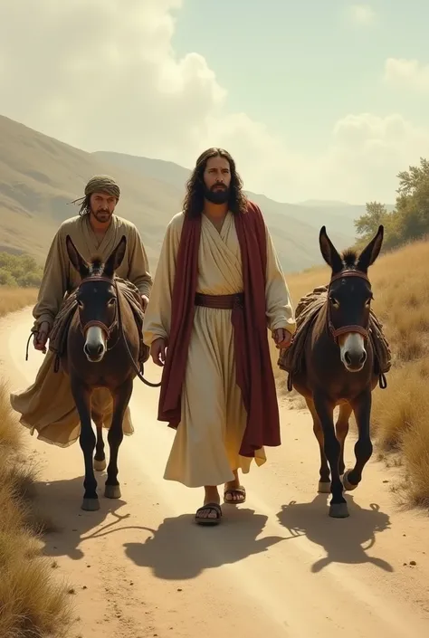 Jesus had two donkeys and a farmer at his side following him. 