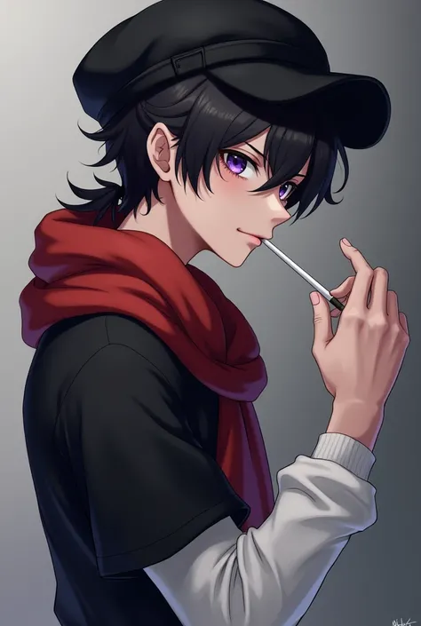 Boy man side turned looking forward, thick red wool collar, Black t-shirt over white long-sleeved t-shirt , black wool cap without sunshade, black hair ponytail, loose black hair little, smiling smoking a cigarette, violet eyes.