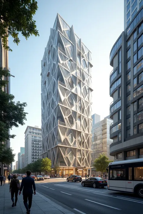 Parametric facade architecture of commercial L&#39;image depicts a busy street with a tall building and a bus stop nearby.. La rue est remplie de trafic, y compris les voitures et un bus, se déplaçant dans diverses directions. Il y a plusieurs personnes qu...