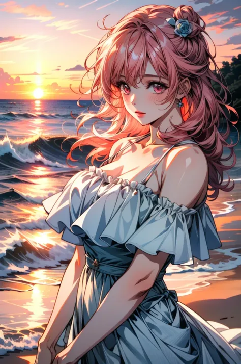 ((ultra detailed, masterpiece, best quality))
 DOAHonoka, 1girl, solo, wearing a sky blue color swimsuit, pink hair, , On a beach during a vibrant sunset, sundress, playing with the waves