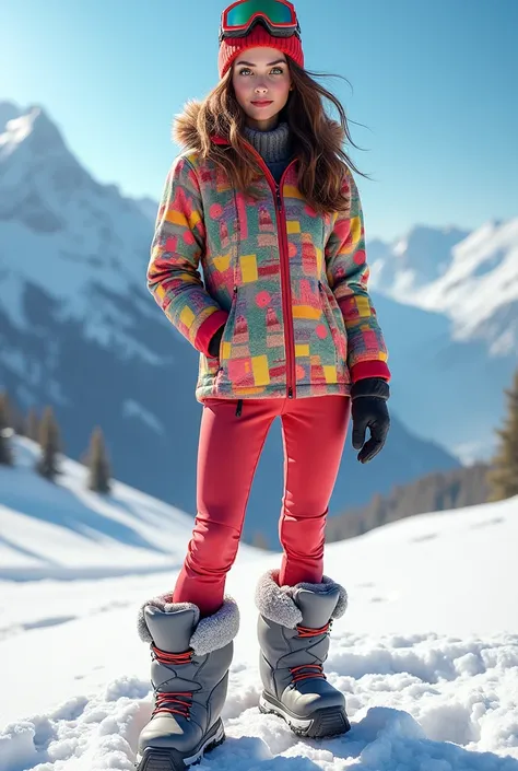 Female, Caucasian, green eyes, long wavy brown hair.colorful ski jacket, thermal leggings, snow boots.