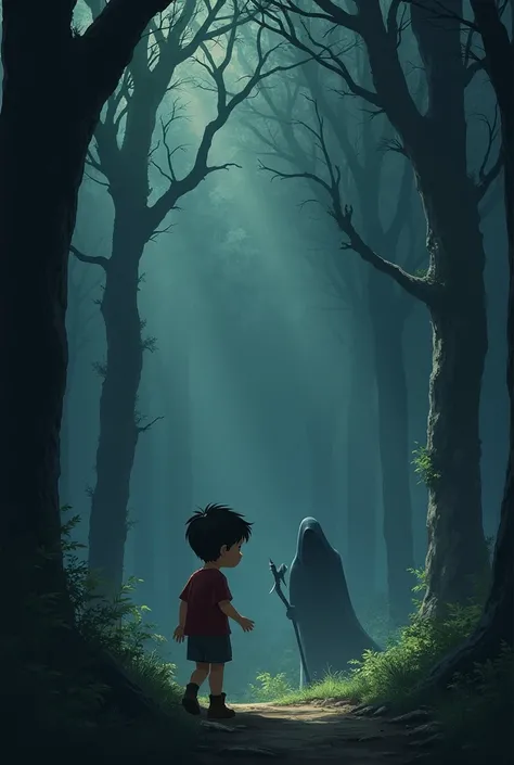 A young boy, Thomas, with bright, innocent eyes, playing near the edge of a dense, dark forest. The trees are towering, their branches twisted and foreboding, casting long shadows that seem to reach out for him. In the background, hidden within the shadows...