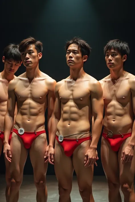 Five handsome men、、Japanese、Mash Hair、Completely naked、Full nudity、erection、Huge penis、Huge bulge、On stage、Sad look、Red thin-strap swimsuit、There is a round number tag on the chest.