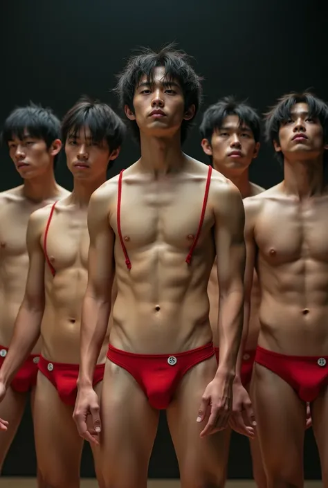 Five handsome men、、Japanese、Mash Hair、Completely naked、Full nudity、erection、Huge penis、Huge bulge、On stage、Sad look、Red thin-strap swimsuit、There is a round number tag on the chest.