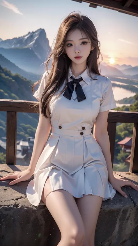 ulzzang-6500-v1.1, (RAW photo: 1.2), (Real photo), (Real photo: 1.4), 1 girl、Perfect anatomy、1、Looking at the camera、Medium length hair、Uniform sexy dress, watching the sunset, ((in the mountains: 1.1))、(Business service)、Asian eyes Ella,