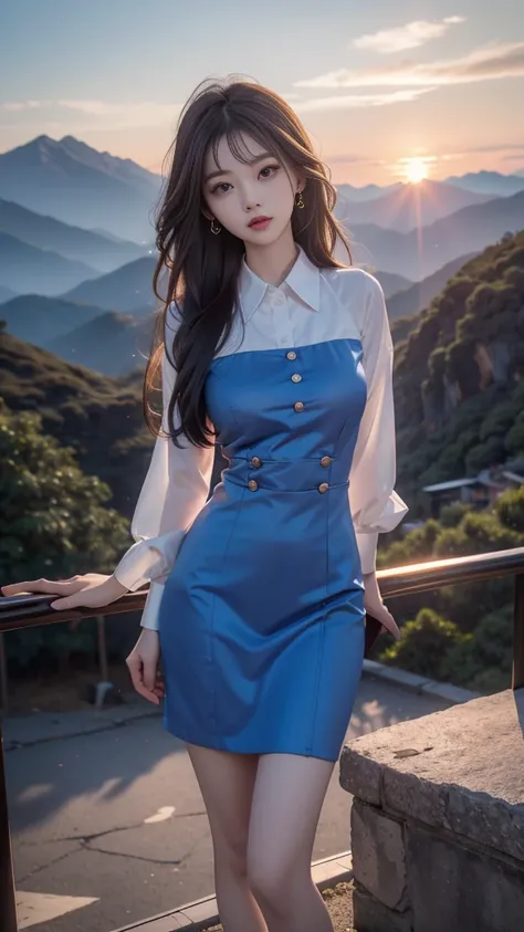 ulzzang-6500-v1.1, (RAW photo: 1.2), (Real photo), (Real photo: 1.4), 1 girl、Perfect anatomy、1、Looking at the camera、Medium length hair、Uniform sexy dress, watching the sunset, ((in the mountains: 1.1))、(Business service)、Asian eyes Ella,