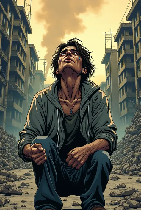 Generate a comic book style image for a comic of a Hiroshima survivor crying, with the city still in ruins