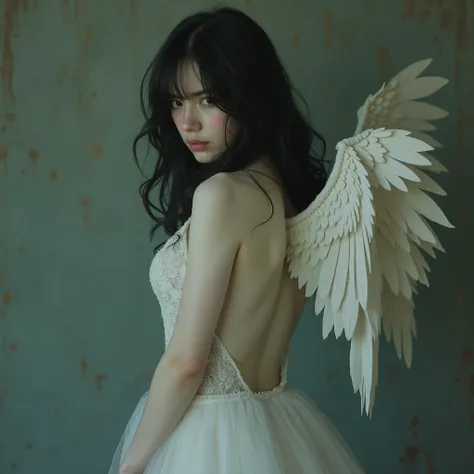 Wings starting to grow out of her back, girl, dark hair, white skin, painful, turning around