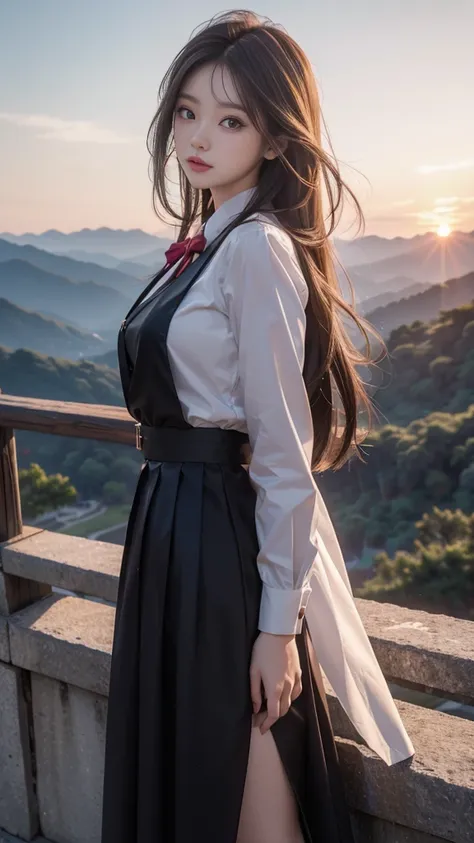 ulzzang-6500-v1.1, (RAW photo: 1.2), (Real photo), (Real photo: 1.4), 1 girl、Perfect anatomy、1、Looking at the camera、Medium length hair、Uniform sexy dress, watching the sunset, ((in the mountains: 1.1))、(Business service)、Asian eyes Ella,