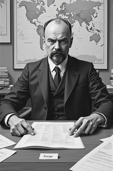 Drawing of Vladimir Lenin in an office abroad surrounded by maps and documents with a label that says "Europe".
