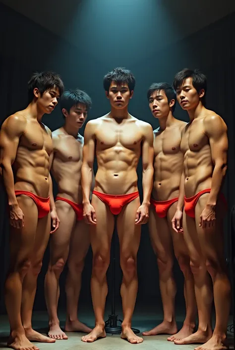 Five handsome men、、Japanese、Mash Hair、Completely naked、Full nudity、erection、Huge penis、Huge bulge、On stage、Sad look、Red thin-strap swimsuit、A presenter with a microphone next to him